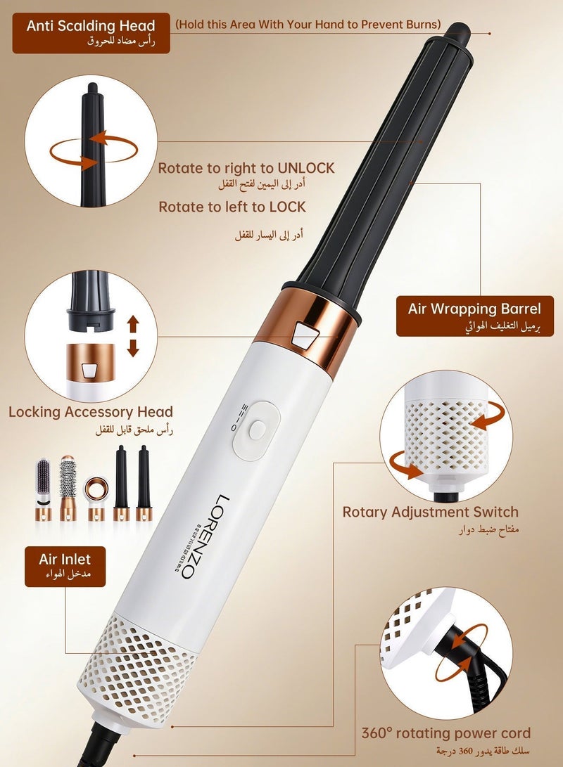 Lorenzo 5 In 1 Hair Dryer Brush Hot Comb Set 1000W Hot Air Hair Curler and Straightener Styling Tool Comb Curling Brush Suitable for Women Hair Types - White Gold - Image 5